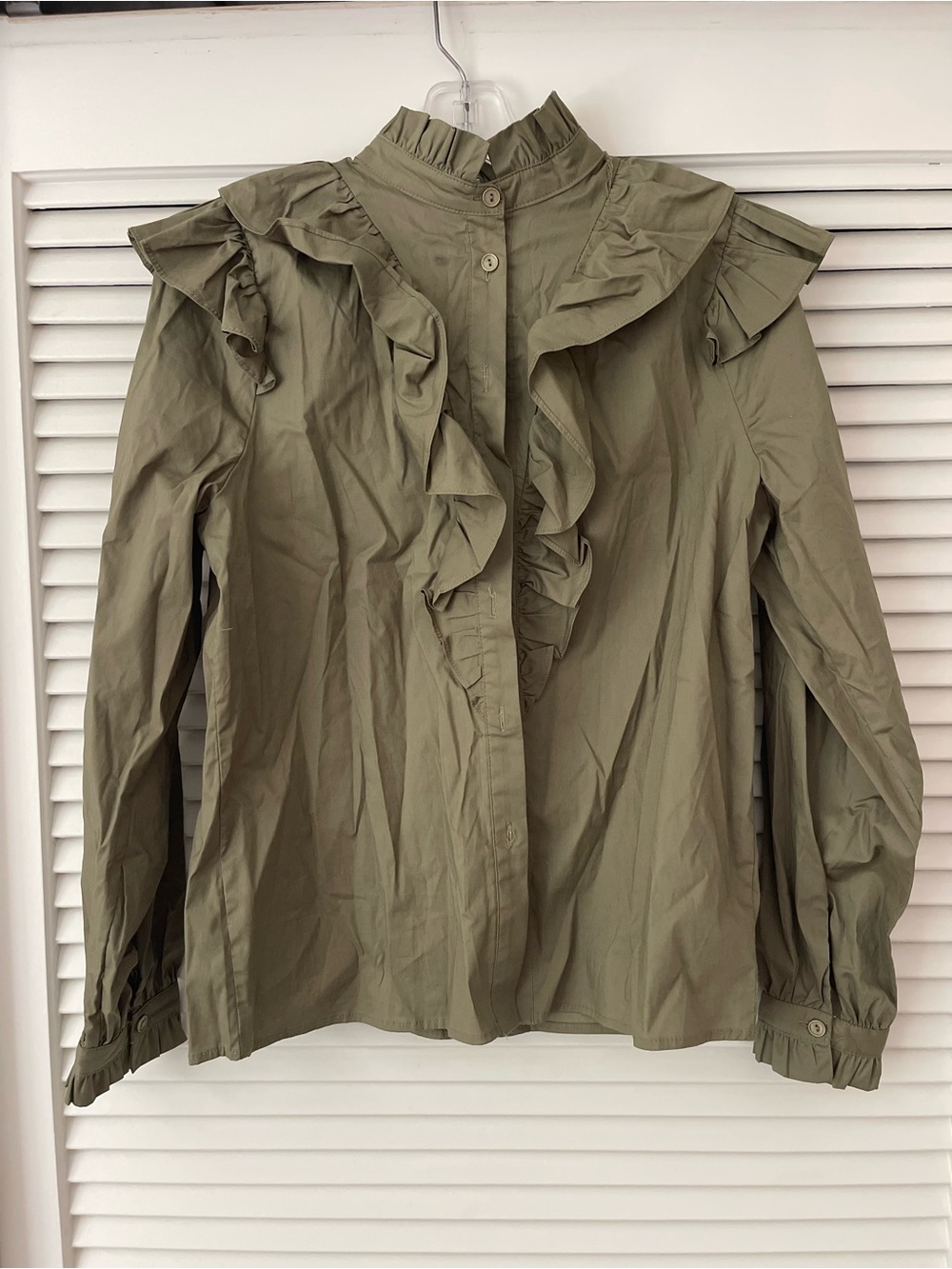 Karlie Olive Green Ruffle Front Button-Down Blouse